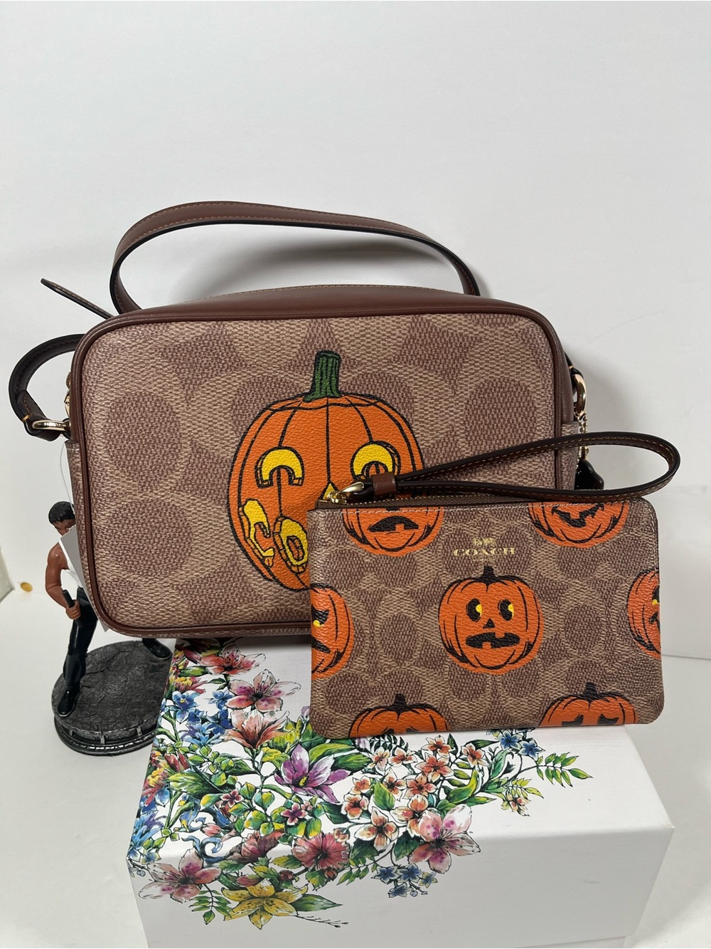 Coach Brown Signature Canvas Crossbody with Halloween Pumpkin Print